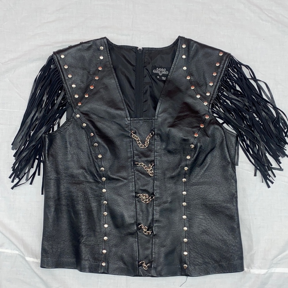 Leather Gallary Fringe Leather Vest Chains